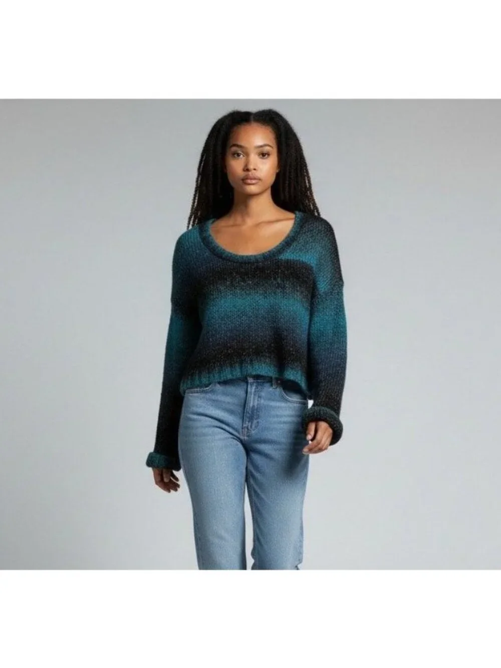 Ecote Urban Outfitters Blue Green Ombre Striped Crop Oversize Boxy Sweater XS